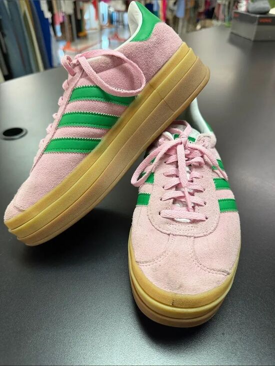 adidas Shoes - adidas Pink Suede Sneakers with Green Stripes and Gum Platform